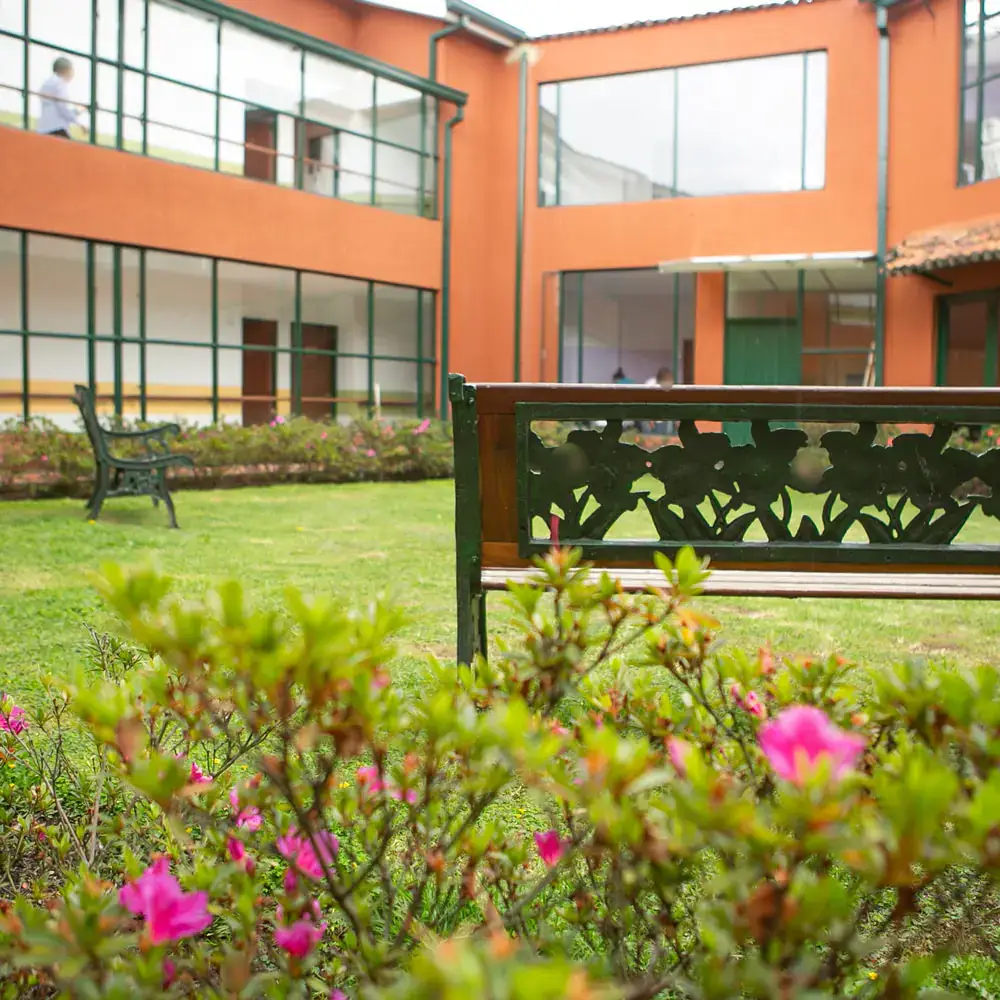 Jardín o zona exterior de La Casa (Hogar para el Adulto Mayor). Los rostros aparecen difuminados.